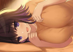 Rule 34 | 1girl, blush, breasts, cccpo, large breasts, looking at viewer, lying, on side, open mouth, orange shirt, original, pillow, purple eyes, purple hair, shirt, short hair, smile, solo, sweatdrop