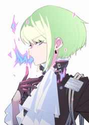 Rule 34 | ascot, bad id, bad twitter id, biker clothes, black gloves, black jacket, earrings, face, ff rchu, fire, gloves, green hair, half gloves, highres, jacket, jewelry, lio fotia, male focus, open mouth, profile, promare, purple eyes, pyrokinesis