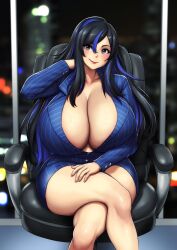 Rule 34 | bare legs, black hair, blue eyes, blue jacket, blue skirt, borrowed character, breasts, buttoned cuffs, buttons, cleavage, erkaz, feet out of frame, formal, hand up, highres, huge breasts, jacket, long sleeves, looking at viewer, multicolored hair, office lady, original, pinstripe pattern, pinstripe suit, sitting, skirt, smile, streaked hair, striped, suit, two-tone hair, window