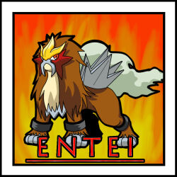Rule 34 | animal focus, artist request, brown fur, character name, creatures (company), entei, full body, game freak, gen 2 pokemon, legendary pokemon, looking at viewer, nintendo, no humans, orange background, orange eyes, pokemon, pokemon (creature), simple background, spikes, standing, white hair