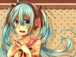 Rule 34 | 1girl, aqua eyes, bad id, bad pixiv id, collarbone, fingers together, flower, green hair, hatsune miku, hazuki mizuho, headphones, nail polish, open mouth, solo, steepled fingers, twintails, vocaloid