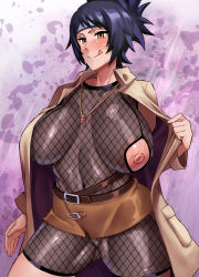 Rule 34 | 1girl, black eyes, black hair, blush, bodysuit, breasts, cleavage, fishnet bodysuit, fishnets, gradient background, haikawa hemlen, headband, highres, large areolae, large breasts, looking at viewer, mitarashi anko, naruto, naruto (series), navel, nipples, open clothes, ponytail, simple background, smile, solo, sweat, swept bangs, thick thighs, thighs