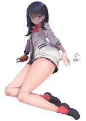 Rule 34 | 10s, 1girl, ayaki, black hair, black skirt, blue eyes, blush, cardigan, closed mouth, full body, gridman universe, highres, loafers, long hair, long sleeves, looking at viewer, lying, on side, pleated skirt, red legwear, red neckwear, school uniform, scrunchie, shirt, shoes, simple background, skirt, solo, ssss.gridman, takarada rikka, thighs, white background, white shirt, wrist scrunchie