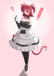 Rule 34 | 1girl, ?, absurdres, black gloves, breasts, cleavage, dress, frilled dress, frills, full body, gloves, highres, hololive, hololive china, large breasts, red hair, solo, standing, tail, twintails, virtual youtuber, yellow eyes, yogiri (hololive), z-jun.dd-zhong