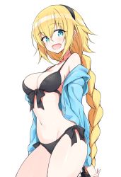 Rule 34 | 1girl, absurdres, bare shoulders, bikini, black bikini, black hairband, blonde hair, blue eyes, blue jacket, braid, breasts, cleavage, cowboy shot, drawstring, fate (series), front-tie bikini top, front-tie top, groin, hair between eyes, hairband, highres, ichi-jirushi, jacket, jeanne d&#039;arc (fate), jeanne d&#039;arc (swimsuit archer) (fate), jeanne d&#039;arc (swimsuit archer) (first ascension) (fate), long hair, looking at viewer, medium breasts, navel, open mouth, side-tie bikini bottom, simple background, single braid, smile, solo, stomach, swimsuit, very long hair, white background