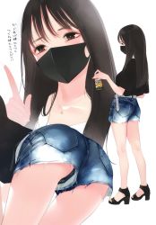 Rule 34 | 1girl, absurdres, ama mitsuki, ass, bare legs, bent over, black eyes, black footwear, black hair, black panties, black shirt, blush, can, collarbone, commentary, covered mouth, crescent, crescent necklace, denim, denim shorts, drink can, full body, high heels, highres, holding, holding can, index finger raised, jewelry, long hair, mask, mouth mask, necklace, non-web source, original, panties, sandals, shirt, short shorts, short sleeves, shorts, simple background, soda can, standing, translated, underwear, upshorts, white background