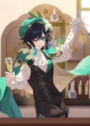 Rule 34 | 1boy, alcohol, alternate costume, aqua eyes, aqua hair, arm up, ascot, bar (place), bartender, beret, black hair, black vest, blurry, blurry background, blush, bottle, braid, buttons, cape, champagne, champagne flute, commentary request, counter, cup, drinking glass, flower, frilled sleeves, frills, genshin impact, gradient hair, green cape, green hat, hair between eyes, hair flower, hair ornament, hand up, hat, holding, holding cup, indoors, light particles, long sleeves, looking at viewer, male focus, multicolored hair, one eye closed, open mouth, puffy sleeves, shelf, shirt, short hair with long locks, side braids, sidelocks, smile, solo, swept bangs, twin braids, upper body, venti (genshin impact), vest, white ascot, white flower, white shirt, window, yunifengxia
