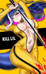 1girl ahoge animal_ears artist_name black_hair blood blood_on_breasts blood_on_clothes blood_on_face blood_splatter blunt_bangs body_markings bodysuit breasts bruce_lee&#039;s_jumpsuit cat_ears cetacean_tail cleavage cleavage_cutout clothing_cutout colored_inner_hair covered_navel facial_mark fins fish_tail full-length_zipper grey_nails heart heart-shaped_pupils heart_ahoge highres holding holding_sword holding_weapon indie_virtual_youtuber jumpsuit katana kill_bill large_breasts licking_blood licking_lips long_hair long_sleeves looking_at_viewer multicolored_hair n4hkz no_bra open_mouth orca_girl partially_unzipped purple_eyes purple_hair shylily shylily_(4th_costume) smile solo streaked_hair sword symbol-shaped_pupils tail tongue tongue_out very_long_hair virtual_youtuber weapon white_hair yellow_jumpsuit zipper