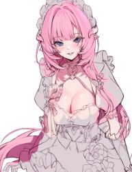 Rule 34 | 1girl, bad id, bad twitter id, blue eyes, blush, breasts, chungu, cleavage, dress, frilled hairband, frills, hairband, horns, large breasts, long hair, looking at viewer, original, pink hair, pointy ears, puffy short sleeves, puffy sleeves, short sleeves, simple background, sketch, smile, solo, very long hair, white background