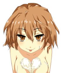 Rule 34 | 1girl, alternate eyebrows, breasts, brown eyes, brown hair, closed mouth, commentary request, hair between eyes, heart, i.u.y, large breasts, light blush, looking at viewer, medium hair, messy hair, misaka worst, mismatched eyebrows, nude, simple background, smile, solo, toaru majutsu no index, tongue, tongue out, upper body, white background