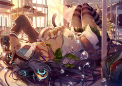 Rule 34 | 1girl, animal ears, bad id, bad pixiv id, bag, between breasts, black hair, book, breasts, bubble, cat, cat ears, cat tail, caustics, classroom, curtains, desk, digital media player, english text, engrish text, foreshortening, glasses, headphones, indoors, katou itsuwa, large breasts, long hair, lying, no bra, on back, on floor, open clothes, open mouth, open shirt, original, patterned legwear, purple eyes, ranguage, red-framed eyewear, school, school uniform, shirt, skirt, solo, striped clothes, striped thighhighs, sunset, tail, thighhighs, too many, too many cats, underwater, upside-down, window, zettai ryouiki