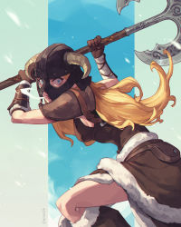 Rule 34 | 1girl, armor, axe, battle axe, blonde hair, blue background, blue eyes, boots, breasts, breath, brown footwear, commentary request, dovahkiin, fake horns, from side, fur-trimmed boots, fur trim, gloves, grey background, helmet, highres, holding, holding axe, horned helmet, horns, jiro (ninetysix), knee boots, leaning forward, leather armor, long hair, looking at viewer, open mouth, solo, the elder scrolls, the elder scrolls v: skyrim, weapon