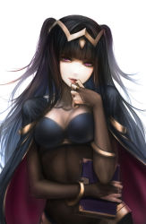 Rule 34 | 1girl, bangle, black hair, blunt bangs, bodysuit, book, bracelet, breasts, bridal gauntlets, cape, circlet, cleavage, fire emblem, fire emblem awakening, hair ornament, hand to own mouth, head tilt, holding, jewelry, lips, lipstick, long hair, looking at viewer, lots of jewelry, makeup, medium breasts, mins (minevi), naughty face, navel, nintendo, pale skin, parted lips, purple eyes, see-through, short twintails, simple background, skin tight, smile, solo, tharja (fire emblem), twintails, two side up, white background