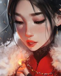 Rule 34 | 1girl, black eyes, black hair, blurry, blurry background, earrings, fire, freckles, hand up, highres, jewelry, lips, long hair, looking down, necklace, parted lips, portrait, sam yang, solo