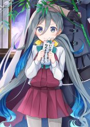 Rule 34 | 2girls, absurdres, black gloves, blue eyes, blue hair, blush, cape, commentary request, dark-skinned female, dark skin, dress, gloves, grey hair, grey legwear, hair between eyes, hair ribbon, highres, holding, kantai collection, kiyoshimo (kancolle), long hair, long sleeves, low twintails, multicolored hair, multiple girls, musashi (kancolle), musashi kai ni (kancolle), out of frame, pantyhose, partially fingerless gloves, pleated skirt, purple dress, ribbon, school uniform, shirt, skirt, smile, tanabata, tanzaku, translation request, twintails, two-tone background, white shirt, yunamaro