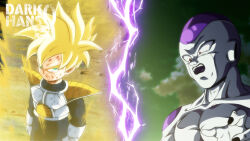 Rule 34 | angry, armor, aura, black nails, bleeding, blonde hair, blood, blood on face, cloud, collarbone, commentary, commission, darkhans0, dragon ball, dragonball z, english commentary, frieza, gloves, green sky, highres, lightning, long sleeves, muscular, muscular male, open mouth, pectorals, red eyes, saiyan armor, son gohan, super saiyan, super saiyan 1, watermark, white gloves, yellow aura