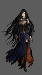 Rule 34 | 1girl, absurdres, bare shoulders, black hair, blue eyes, boots, castlevania (series), castlevania: order of ecclesia, detached sleeves, dress, goth fashion, highres, hirooka masaki, konami, lips, long hair, non-web source, official art, shanoa, simple background, solo, thigh boots, thighhighs, very long hair
