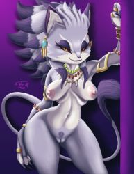 Rule 34 | 1girl, absurdres, alternate form, animal ears, armlet, bracelet, breasts, cat ears, cat girl, cat tail, claws, colored sclera, earrings, fangs, furry, highres, isabella (seiken densetsu 3), jewelry, jo-vee-al, necklace, nipples, purple fur, purple hair, pussy, red sclera, ring, seiken densetsu, seiken densetsu 3, slit pupils, tail