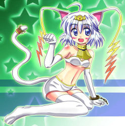 Rule 34 | ahoge, animal ears, bare shoulders, blue eyes, blush, cat ears, cat tail, duel monster, gloves, happy, lyna the light charmer, midriff, open mouth, personification, rinyan lightsworn rogue, short hair, tail, thighhighs, white hair, yu-gi-oh!, yu-gi-oh! duel monsters