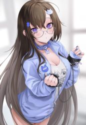 Rule 34 | 1girl, blue collar, blue jacket, blue nails, breasts, brown hair, chain, cleavage, collar, cowboy shot, cuffs, ear piercing, glasses, hair between eyes, hair ornament, highres, jacket, leaning forward, long hair, looking at viewer, nail polish, ompf, open clothes, open jacket, original, piercing, purple eyes, shirt, sleeves past wrists, solo, very long hair, white shirt