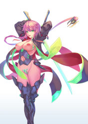 Rule 34 | 1girl, android, arm belt, armor, arms up, bigrbear, black jacket, braid, breastplate, breasts, clothing cutout, collarbone, crossed legs, dual wielding, eyelashes, gradient background, green eyes, hair between eyes, hair ornament, highres, holding, holding sword, holding weapon, jacket, large breasts, long hair, long sleeves, looking at viewer, maebari, mecha musume, mechanical legs, navel, navel cutout, nipples, open clothes, open jacket, original, parted lips, pink hair, prehensile hair, revealing clothes, see-through, solo, standing, stomach, sword, transparent sword, transparent weapon, weapon, white background