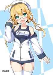 Rule 34 | 1girl, adapted costume, aqua eyes, artist logo, artist name, blonde hair, blue background, blush, breasts, collarbone, cosplay, costume switch, cowboy shot, glasses, hair between eyes, hair ribbon, hat, highres, i-8 (kancolle), jacket, kantai collection, long sleeves, looking at viewer, low twintails, medium breasts, name tag, name connection, old school swimsuit, one-piece swimsuit, open mouth, peaked cap, pepatiku, red-framed eyewear, ribbon, sailor hat, school swimsuit, semi-rimless eyewear, smile, solo, standing, swimsuit, swimsuit under clothes, thighhighs, twintails, under-rim eyewear, white background, white jacket, white thighhighs, yukikaze (kancolle), yukikaze (kancolle) (cosplay)