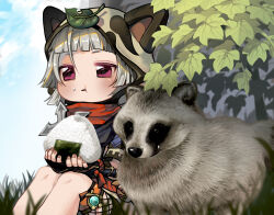 1girl animal animal_hood black_gloves blue_sky blunt_bangs cloud day fingerless_gloves fingernails food food_on_face genshin_impact gloves grass grey_hair highres holding holding_food hood hood_up konnyakutarooou leaf no_nose onigiri open_mouth outdoors pink_eyes red_scarf sayu_(genshin_impact) scarf short_hair sitting sky solo tanuki