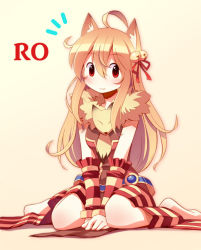 Rule 34 | 1girl, animal, animal around neck, animal ear fluff, animal ears, bangle, barefoot, bell, blonde hair, blush, bracelet, breasts, cat ears, closed mouth, commentary request, detached sleeves, doridori, dress, fox, full body, hair bell, hair between eyes, hair ornament, hair ribbon, jewelry, jingle bell, long hair, looking at viewer, medium breasts, notice lines, professor (ragnarok online), ragnarok online, red dress, red eyes, red ribbon, red sleeves, ribbon, simple background, sitting, smile, solo, wariza, yellow background, yellow sleeves
