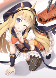 Rule 34 | 10s, 1girl, blonde hair, blue eyes, blush, bow, cagliostro (granblue fantasy), cagliostro (halloween) (granblue fantasy), cape, dress, frilled dress, frills, granblue fantasy, hairband, hood, hoodie, hyuuga azuri, kneeling, layered dress, looking at viewer, one eye closed, print thighhighs, ribbon, short sleeves, smile, solo, thighhighs, wristband