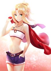 Rule 34 | 1girl, bandeau, bare shoulders, belt, blonde hair, boa sorte, braid, breasts, brown belt, commentary request, cowboy shot, fate/grand order, fate (series), fur trim, green eyes, hair ornament, hair scrunchie, highres, holding, holding clothes, holding jacket, jacket, unworn jacket, jewelry, long hair, looking at viewer, medium breasts, mordred (fate), mordred (fate/apocrypha), mordred (memories at trifas) (fate), navel, necklace, ponytail, red jacket, red scrunchie, scrunchie, short shorts, shorts, smile, solo, standing, stomach, thighs