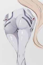 Rule 34 | 1girl, absurdres, ass, ass focus, blonde hair, bodysuit, cosplay, evangelion: 3.0+1.0 thrice upon a time, feet out of frame, genshin impact, gloves, highres, long hair, lower body, mirai hikari, neon genesis evangelion, ningguang (genshin impact), plugsuit, rebuild of evangelion, solo, souryuu asuka langley, souryuu asuka langley (cosplay), standing, thighs, very long hair, white bodysuit, white gloves