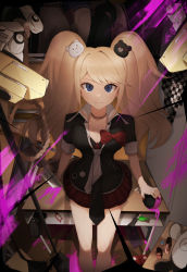 Rule 34 | 1girl, 5 106y, absurdres, arm support, bad id, bad pixiv id, black choker, black necktie, black shirt, blonde hair, blood, blue eyes, bow, breasts, choker, cleavage, commentary request, danganronpa: trigger happy havoc, danganronpa (series), enoshima junko, grey necktie, hair ornament, highres, indoors, knife, large breasts, long hair, looking at viewer, miniskirt, monokuma, nail polish, necktie, pink blood, pleated skirt, red nails, red skirt, shirt, short sleeves, sitting, skirt, smile, solo, twintails