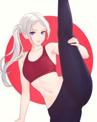 Rule 34 | 1girl, absurdres, bare arms, bare shoulders, commentary, crop top, edelgard von hresvelg, fire emblem, fire emblem: three houses, highres, leg up, long hair, looking at viewer, midriff, navel, nintendo, purple eyes, smile, solo, sports bra, standing, standing on one leg, stomach, thighs, truejekart, very long hair, white hair