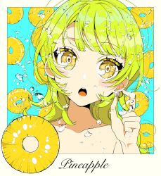 Rule 34 | 1girl, blonde hair, blue background, blush, bubble, close-up, collarbone, english text, food, fruit, fruit eyes, hand up, heart, heart in eye, highres, looking to the side, medium hair, open mouth, original, ouchi kaeru, pineapple, pineapple slice, solo, symbol in eye, teeth, upper body, upper teeth only, yellow eyes