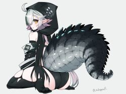 Rule 34 | 1girl, :o, ahoge, arknights, artist name, ass, black hood, crocodilian tail, detached sleeves, full body, grey background, grey hair, highres, hood, hood up, large tail, long hair, long sleeves, looking at viewer, looking back, mikagura, pointy ears, reptile girl, simple background, sitting, solo, star-shaped pupils, star (symbol), symbol-shaped pupils, tail, thighhighs, tomimi (arknights), torn clothes, torn thighhighs, twitter username, wariza
