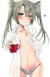 Rule 34 | 1girl, chigasaki yukari, coffee, commentary request, cowboy shot, cup, dress shirt, flat chest, grey hair, grey panties, highres, kantai collection, long hair, long sleeves, no bra, open clothes, open shirt, panties, ribbon, shirt, simple background, solo, standing, teacup, twintails, underwear, white background, white ribbon, zuikaku (kancolle)