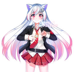 Rule 34 | 1girl, animal ear fluff, animal ears, armband, bad id, bad pixiv id, belt, belt buckle, black belt, black jacket, blush, buckle, closed mouth, collared shirt, commission, copyright request, dress shirt, finger frame, gradient hair, hair between eyes, hair ornament, jacket, long sleeves, looking at viewer, mamel 27, multicolored hair, necktie, open clothes, open jacket, pink hair, plaid, plaid skirt, pleated skirt, red necktie, red skirt, shirt, simple background, skirt, sleeves past wrists, smile, solo, standing, watermark, white background, white hair, white shirt