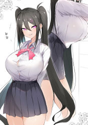 Rule 34 | 1girl, black hair, blouse, blush, breasts, collared shirt, grin, hair between eyes, hair ornament, hairclip, highres, large breasts, long hair, luse maonang, multiple views, original, pleated skirt, purple eyes, shirt, shirt tucked in, simple background, skirt, smile, taut clothes, taut shirt, twintails, very long hair, white background, white shirt, yuuki nanase