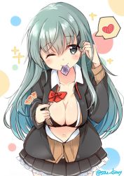 Rule 34 | 1girl, aqua hair, black bra, black jacket, black skirt, blush, bow, bowtie, bra, breasts, cleavage, condom, condom wrapper, frilled skirt, frills, grey eyes, hair ornament, hairclip, heart, jacket, kantai collection, large breasts, long hair, long sleeves, mouth hold, one eye closed, open clothes, open jacket, pleated skirt, polka dot, polka dot background, red bow, red bowtie, simple background, skirt, solo, sou (soutennkouchi), sparkle, spoken heart, suzuya (kancolle), sweater vest, twitter username, underwear