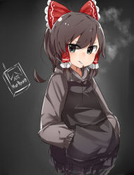 Rule 34 | 1girl, black eyes, blush, bow, brown hair, cigarette, closed mouth, commentary, cookie (touhou), cropped torso, eyes visible through hair, frilled bow, frilled hair tubes, frills, grey background, grey hoodie, hair between eyes, hair bow, hair tubes, hakurei reimu, hands in pocket, highres, hood, hoodie, looking at viewer, marlboro, maru (cookie), medium hair, red bow, smoke, smoking, solo, touhou, upper body, yumekamaborosh