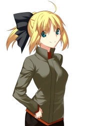 Rule 34 | 1girl, ahoge, alternate costume, artoria pendragon (all), artoria pendragon (fate), blonde hair, blush, casual, fate/stay night, fate (series), green eyes, jacket, long sleeves, looking at viewer, saber (fate), skylader, smile, solo