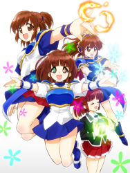 Rule 34 | 4girls, :o, arle nadja, armor, armored dress, blazer, blue skirt, brown eyes, brown hair, cape, closed eyes, fire, half updo, jumping, madou monogatari, magic, multiple girls, multiple persona, necktie, outstretched arms, puyopuyo, red skirt, school uniform, shirt, shoes, short hair, skirt, smile, spread arms, symbol-shaped pupils, tessai, white background, wrist cuffs