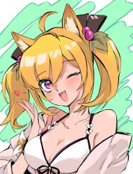 Rule 34 | 1girl, ;d, ahoge, animal ear fluff, animal ears, aqua background, arknights, bare shoulders, bikini, black ribbon, blonde hair, blush, bracelet, breasts, cleavage, collarbone, front-tie bikini top, front-tie top, hair ribbon, hand up, heart, highres, jewelry, looking at viewer, medium breasts, mmm ma pmpm, off shoulder, official alternate costume, one eye closed, open mouth, purple eyes, ribbon, short hair, short twintails, smile, solo, sora (arknights), sora (summer flowers) (arknights), swimsuit, twintails, two-tone background, upper body, white bikini, wolf ears