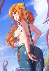 Rule 34 | 1boy, 1girl, :q, arm tattoo, ass, back, bare back, between buttocks, bikini, blue pants, blush, bracelet, breasts, cowboy shot, day, denim, earrings, from behind, green bikini, holding, holding polearm, holding weapon, jeans, jewelry, large breasts, long hair, looking at viewer, looking back, mitsu (mitsu art), nami (one piece), one piece, orange hair, outdoors, pants, polearm, red eyes, sanji (one piece), side-tie bikini bottom, solo focus, standing, string bikini, swimsuit, tattoo, thigh gap, tongue, tongue out, very long hair, weapon