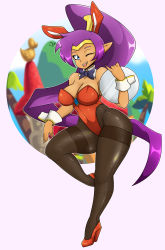 Rule 34 | 1girl, absurdres, animal ears, bare shoulders, black pantyhose, blue eyes, bow, bowtie, breasts, circlet, cleavage, cuffs, dark-skinned female, dark skin, detached collar, fake animal ears, female focus, full body, hair ornament, high heels, high ponytail, highres, large breasts, leotard, long hair, looking at viewer, one eye closed, pantyhose, pinup (style), playboy bunny, pointy ears, ponytail, purple hair, rabbit ears, self-upload, shantae, shantae (series), simple background, smile, solo, standing, standing on one leg, thighband pantyhose, tray, very long hair, wayforward, wide hips, wink, wrist cuffs, zzvinniezz