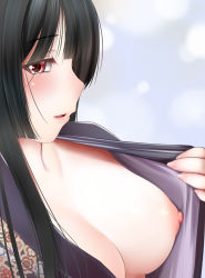 Rule 34 | black hair, blush, breasts, enma ai, fingernails, flashing, from side, hand up, japanese clothes, jigoku shoujo, kimono, kozue akari, large breasts, long hair, looking at viewer, looking to the side, nail polish, nipples, no bra, parted lips, pink nails, profile, purple kimono, red eyes, sideways mouth, smile, solo, undressing, upper body