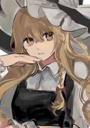 Rule 34 | 1girl, absurdres, black hat, blonde hair, bow, braid, gotagotay, hair between eyes, hair ribbon, hand on own face, hand up, hat, hat bow, highres, kirisame marisa, long hair, looking at viewer, parted lips, ribbon, simple background, single braid, teeth, touhou, tress ribbon, upper body, very long hair, wavy hair, white background, witch hat