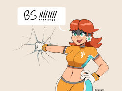 Rule 34 | 1girl, angry, blue eyes, breasts, brown hair, earrings, flower earrings, gloves, hand on own hip, highres, jewelry, mario (series), midriff, navel, nintendo, open mouth, princess daisy, punching, shorts, solo, speech bubble, super mario strikers, thegreyzen, tomboy