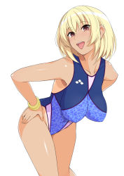 Rule 34 | 1girl, :d, animal print, bare shoulders, bent over, blonde hair, blush, bracelet, breasts, brown eyes, collarbone, covered navel, earrings, haruhisky, head tilt, highres, jewelry, large breasts, leaning forward, leopard print, looking at viewer, medium hair, one-piece swimsuit, open mouth, original, simple background, smile, solo, standing, swimsuit, tan, tongue, tongue out, white background