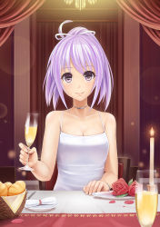 Rule 34 | 00s, 1girl, alcohol, basket, blush, bracelet, bread, breasts, candle, candlelight, chair, champagne, champagne flute, chandelier, cleavage, collarbone, cup, curtains, door, dress, drink, drinking glass, flower, food, glass, hair ribbon, highres, holding, holding cup, holding drinking glass, indoors, jewelry, knife, lips, looking at viewer, medium breasts, mimi (mnemosyne), mnemosyne, napkin, neck ring, petals, pink hair, plate, pov, pov across table, pov dating, purple eyes, red flower, red rose, ribbon, rose, short hair, sitting, sleeveless, sleeveless dress, smile, solo, spaghetti strap, sunimu, table, upper body, wax, white dress, white ribbon